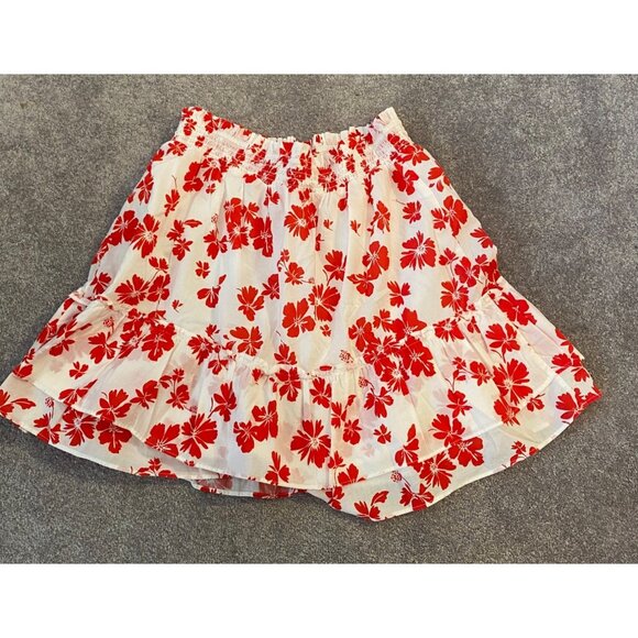 J.Crew Reimagined Flare Skirt Short Red White Floral Smocked Waist Cotton Large - Picture 2 of 9